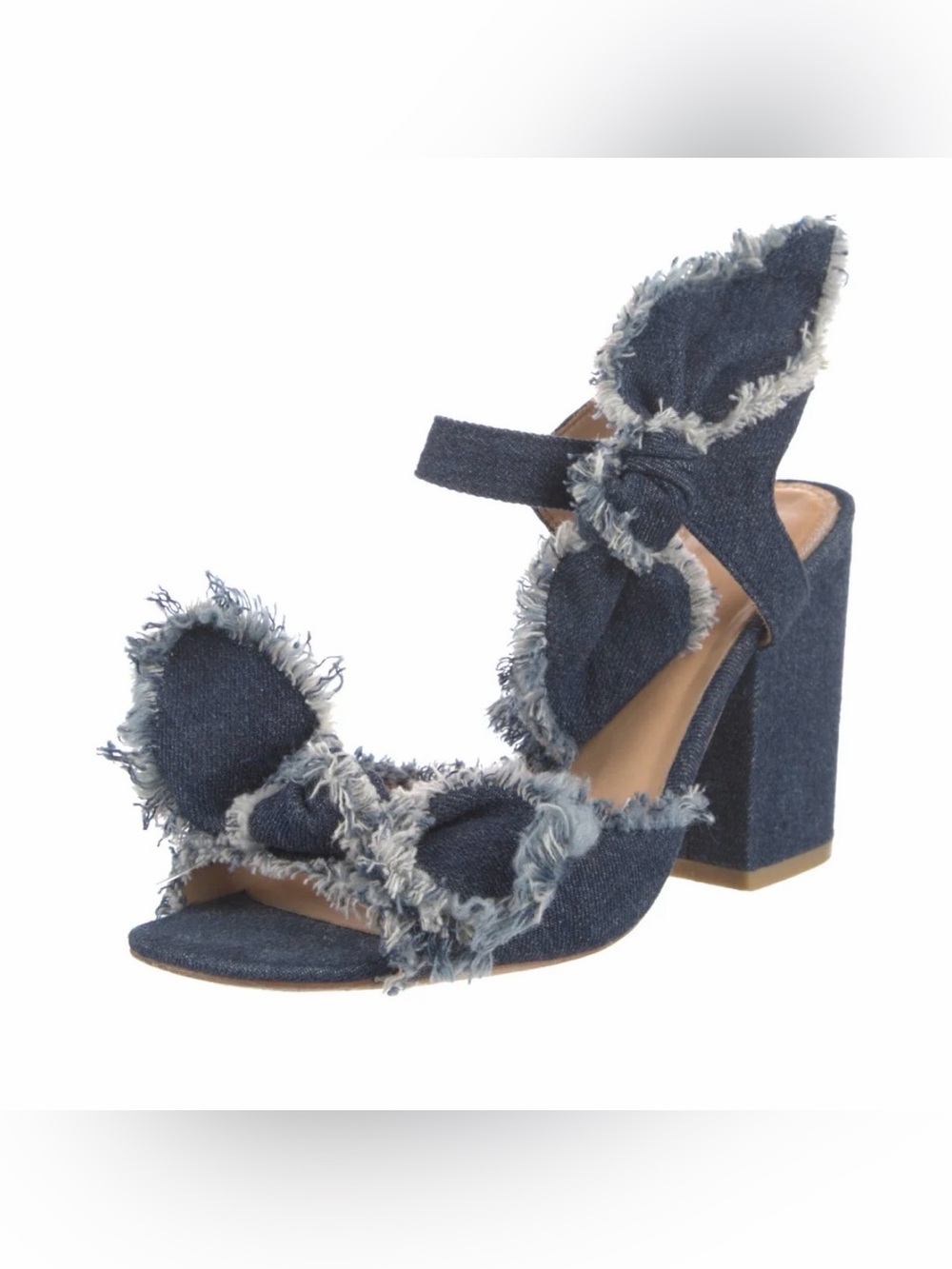 bill blass Denim Frayed Block Heel Sandals - Dark Blue
